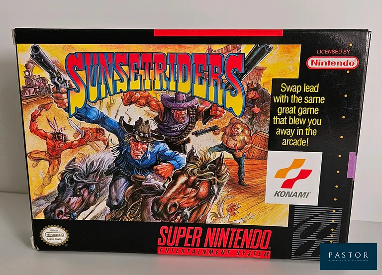 NINTENDO - SUPER NES. Jeu : Sunset Riders. Complet avec boite, notice et cartouche. Version US. TBE. Rare et culte. Sortie : 1993. Run and gun.