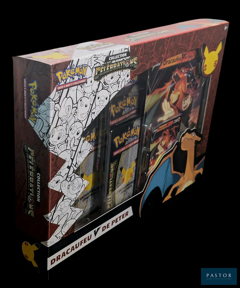 Coffret Pokémon scellé :  Dracaufeu V.
Série du bloc Épée&Bouclier Célébrations (EB07.5) pour les 25 ans de Pokémon.
En français.