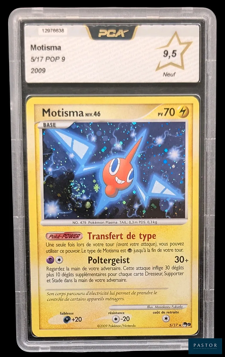Carte Pokémon gradée Motisma 5/17 – Holographique – PCA 9,5.
Série du bloc Diamant & Perle : POP Series 9.
Carte en état Neuf (PCA 9,5), en français.
Livrée sous bulles.