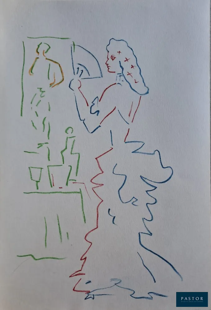 Jean Cocteau (1889-1963)
La femme à l'éventail

Lithographie originale en couleur
Non signé
Imprimée par Mourlot Frères en 1957
Dimensions de la feuille : 23 x 15 cm environ

Très bon état


Expédition obligatoire, jusqu'à 5 Lithographies dans votre colis pour 14,76€ TTC en France Métropolitaine, et 29,64€ TTC pour l'Europe