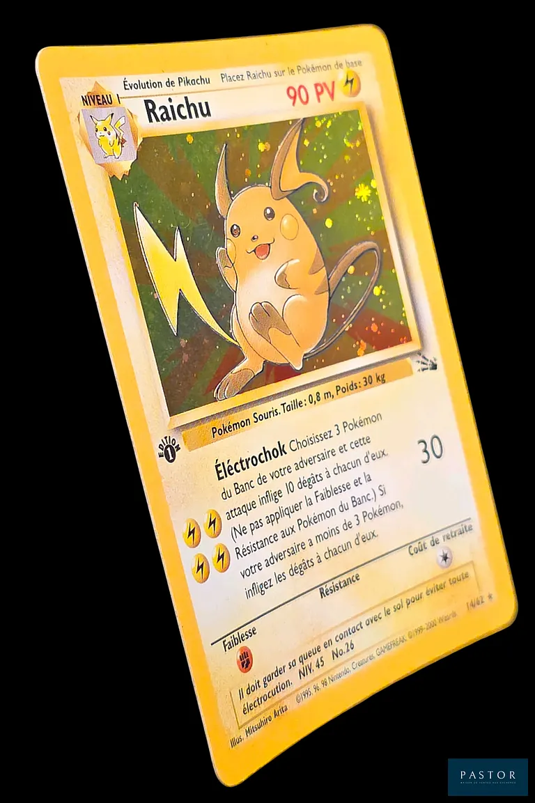 Carte Pokémon Raichu 14/62 - Holographique. 
Série du bloc Wizards : Fossile édition 1. 
Carte en état Excellent, en français.
Livrée sous bulles et toploader.