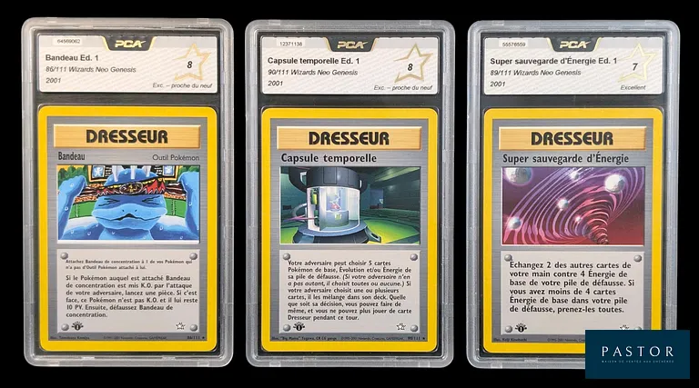 Ensemble de 7 cartes Pokémon gradées - Rares - Série Neo Genesis édition 1 - PCA 4 (état correct) à 8 (Exc - proche du neuf).
Contient 6 Dresseurs et  Énergie Recyclage.