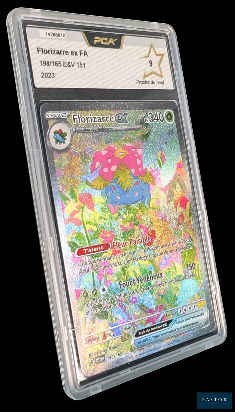 Carte Pokémon gradée Florizarre ex 198/165 –  Alternative – PCA 9.  
Série du bloc Écarlate & Violet : 151.  
Carte en état Proche du neuf (PCA 9), en français.