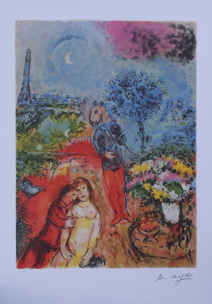 Marc CHAGALL (1887-1985) Les mariés de la tour Eiffel, 1989 Lithographie offset d&rsquo;après une œuvre de Marc Chagall Imprimée ton par ton Signée dans la planche Numérotée sur 500 exemplaires (le numéro est donné à titre d&rsquo;exemple) Sur papier d&rsquo;art, 68 x 49 cm environ Edition 1989 par Max Inter Ltd Excellent état Expédition obligatoire, jusqu&rsquo;à 5 Lithographies dans votre colis pour 14,76€ TTC en France Métropolitaine, et 29,64€ TTC pour l&rsquo;Europe