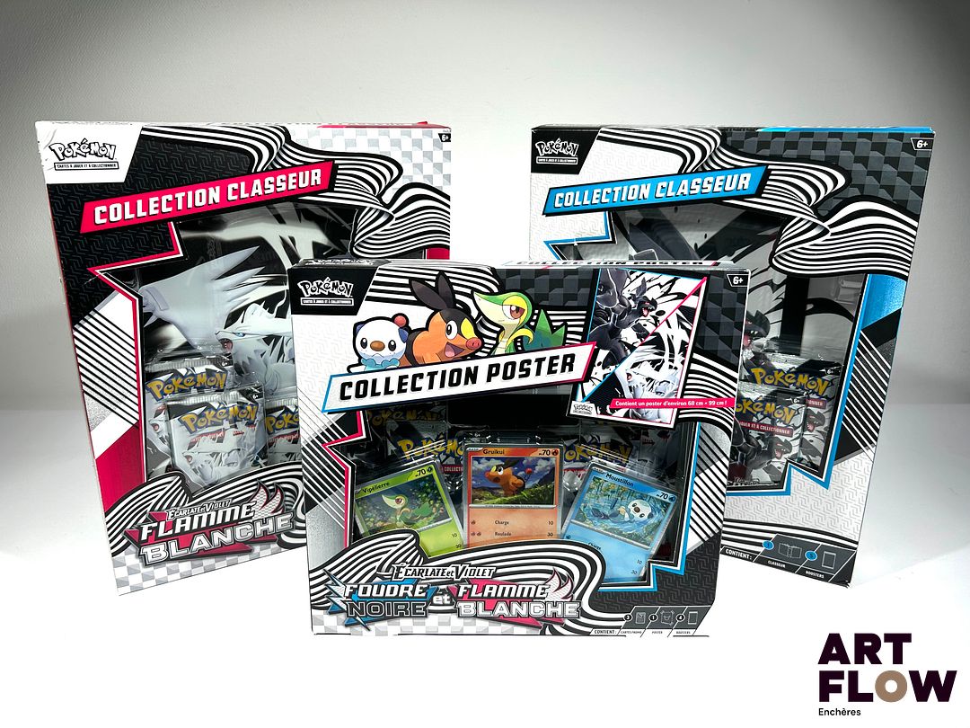 POKEMON Ensemble comprenant : - Coffret Collection Poster Ecarlate et Violet Foudre Noire et Flamme Blanche EV10.5 - Neuf - 2 coffret collection classeur Ecarlate et Violet Flamme Blanche et Foudre Noire contenant chacun 5 boosters + 1 classeur de 380 places