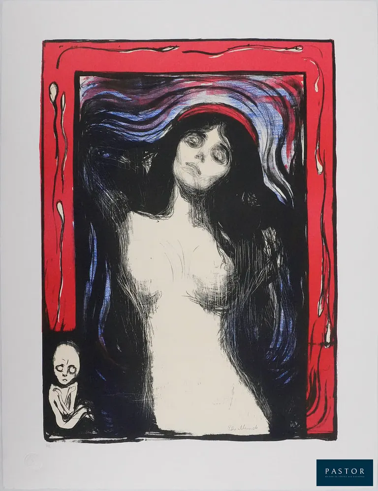 Edvard Munch (1863-1944) (d'après)
La Madone

Lithographie
Signée dans la planche

Cachet sec de l'éditeur
Justifiée HC
Sur vélin Arches 65 x 50 cm

INFORMATION : Edition récente d'après la lithographie originale éponyme de 1895 et authentifiée par le cachet sec de l'éditeur. La lithographie a été tirée à 250 exemplaires plus quelques épreuves HC. L'œuvre est accompagnée du certificat de l'éditeur.

Excellent état


Expédition obligatoire, jusqu'à 5 Lithographies dans votre colis pour 14,76€ TTC en France Métropolitaine, et 29,64€ TTC pour l'Europe