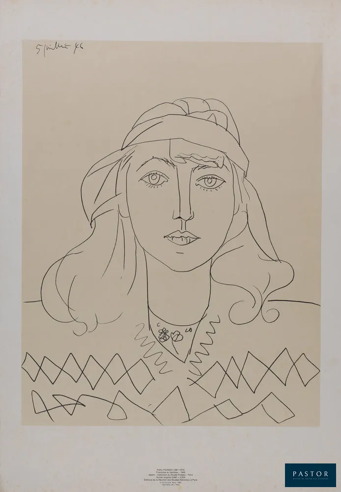 Pablo PICASSO (1881-1973) (d'après)
Françoise au bandeau

Lithographie en couleurs d'après un dessin de l'artiste de 1946
Datée 5 Juillet 46
Sur Vélin 52 x 75 cm
Imprimée par I.M.L Paris

Bon état, rousseurs dans la feuille

INFORMATION : Editée par SPADEM et la Réunion des Musées Nationaux à Paris en 1980


Expédition obligatoire, jusqu'à 5 Lithographies dans votre colis pour 14,76€ TTC en France Métropolitaine, et 29,64€ TTC pour l'Europe