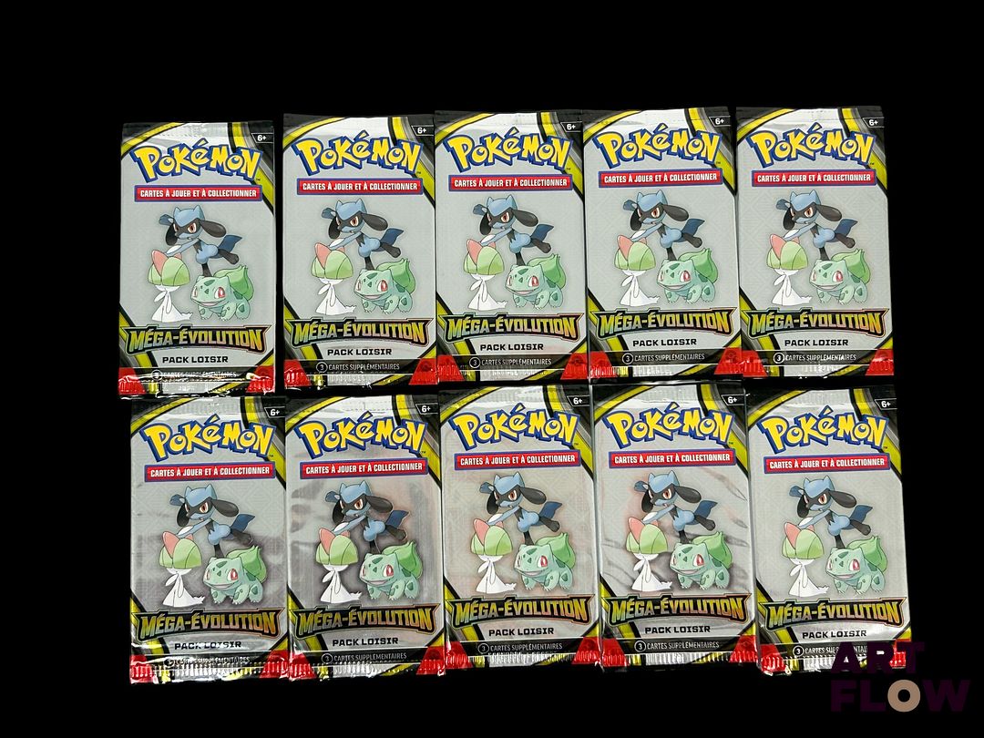 Ensemble de 10 Boosters Pokémon scellés. Série du bloc Méga-Évolution : Pack Loisir. En français.