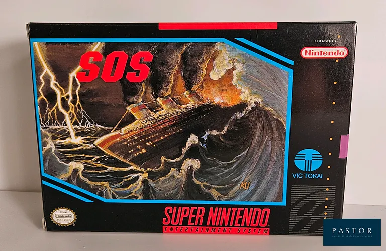 NINTENDO - SUPER NES. Jeu : Sos. Complet avec boite, notice et cartouche. Version US. TBE. Etat proche du neuf. Rare Sortie : 1994