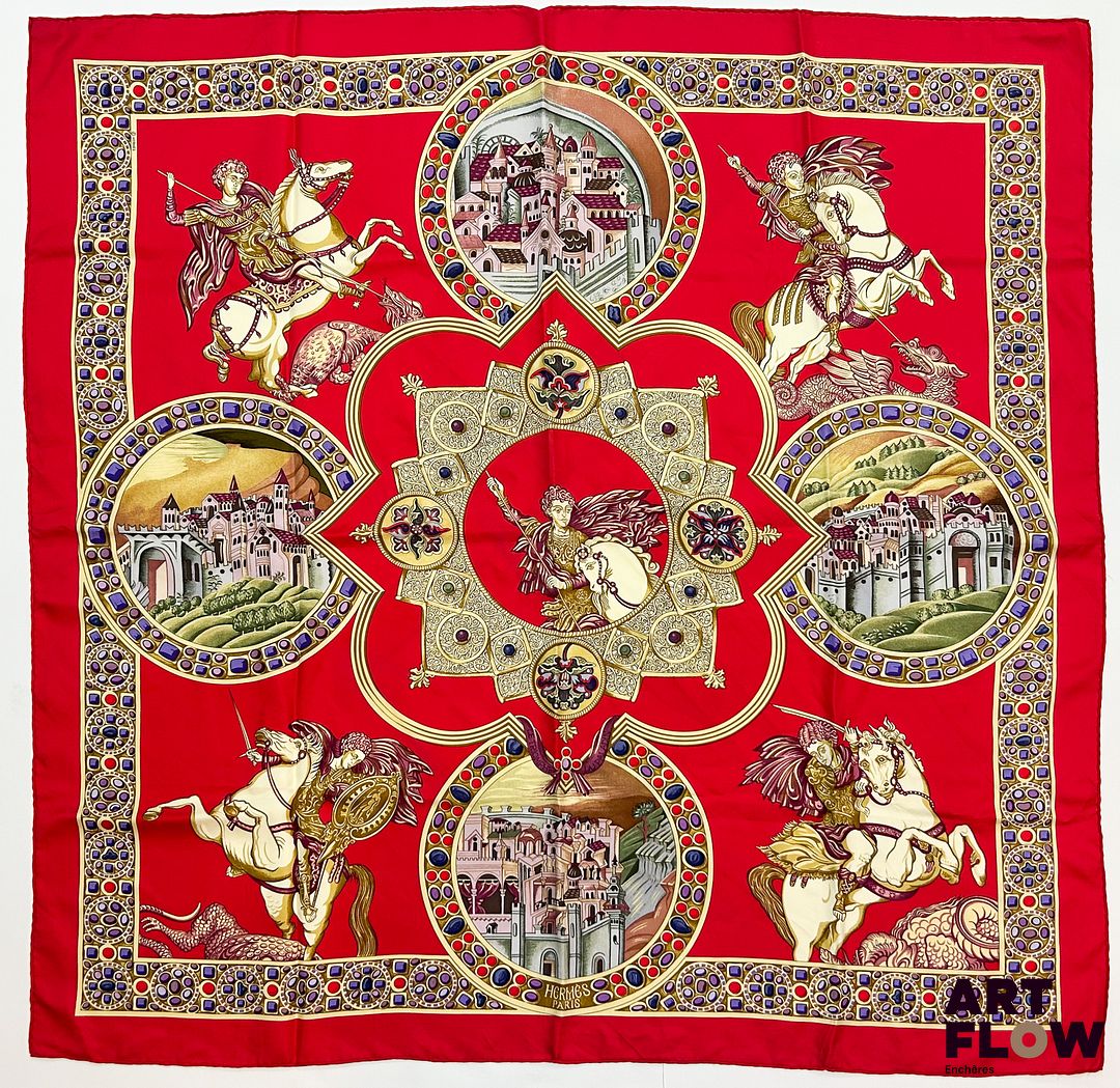 HERMÈS Modèle "Le Triomphe du Paladin" Carré en twill de soie d'après Julia ABADIE 90 x 90 cm Très bon état général malgré une infime tache et petits fils tirés