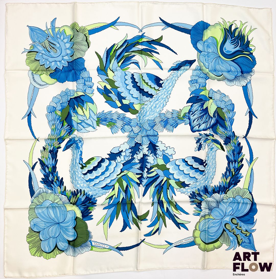 HERMÈS Modèle "Tahiti" Carré en twill de soie d'après Cathy LATHAM 90 x 90 cm