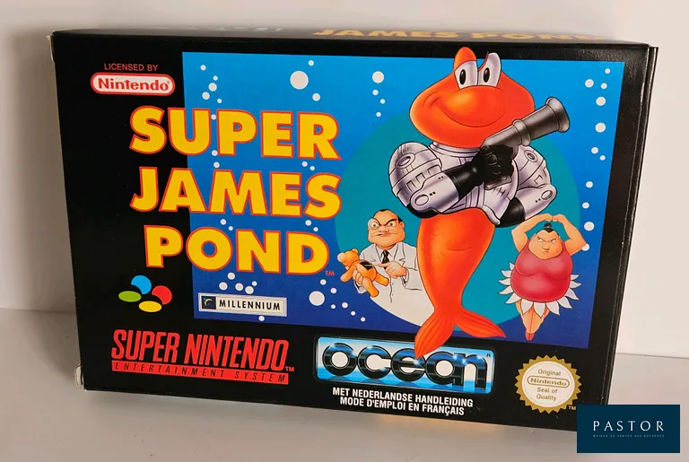 NINTENDO - SUPER NES. Jeu : Super James Pond. Complet avec boite, notice et cartouche. Version SNSP FAH. TBE. Sortie : 1992. Plateforme 2D