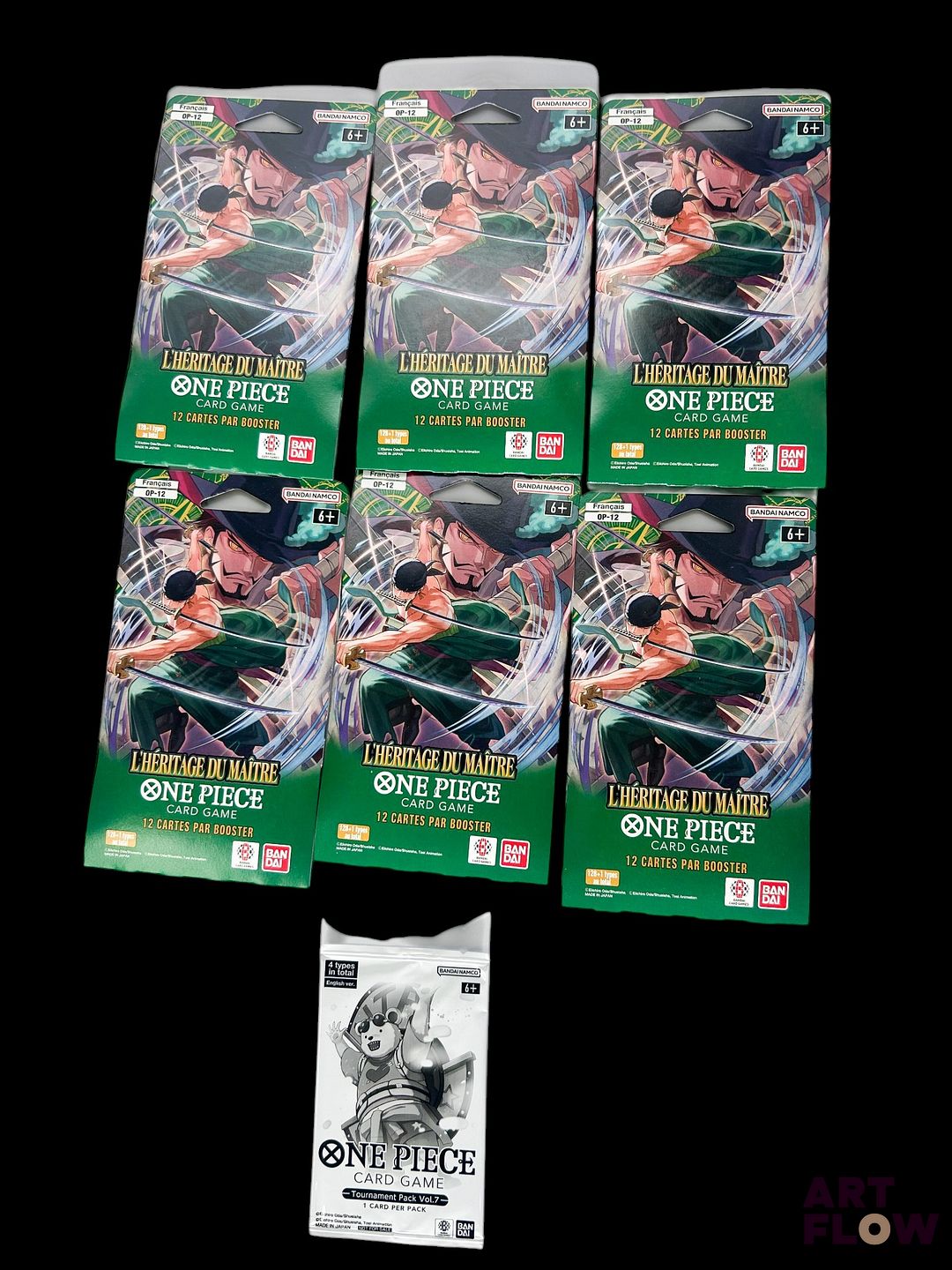 Ensemble One Piece de 6 blisters cartonnés de la Série l'Héritage du Maitre OP-12 et d'1 booster Tournament Pack vol.7 Scellés Neuf En Français
