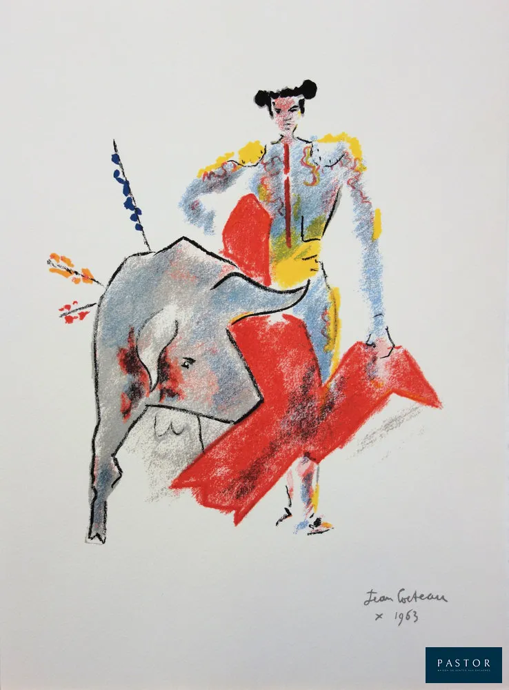 Jean COCTEAU (1889-1963) (d'après)
Torero, Passe à la cape rouge

Lithographie en couleurs
Signée dans la planche
Sur Vélin 28 x 38 cm

Excellent état

INFORMATION : Créée pour le portfolio Taureaux, éditée en 1965 à 200 exemplaires et imprimée dans les ateliers Mourlot


Expédition obligatoire, jusqu'à 5 Lithographies dans votre colis pour 14,76€ TTC en France Métropolitaine, et 29,64€ TTC pour l'Europe