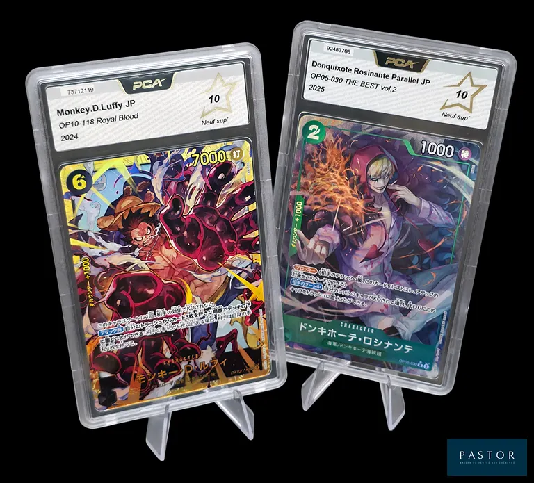 Réunion de 2 cartes One Piece gradées - PCA 10 :
- Monkey.D.Luffy OP10-118 - Secret.
- Donquixote Rosinante OP05-030 - Rare Alt.
Cartes en état Neuf Sup' (PCA 10), en japonais.
