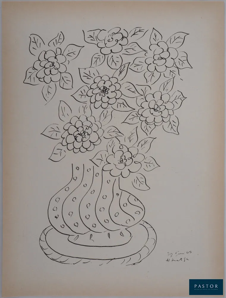 Henri MATISSE (1869-1954) (d'après)
Bouquet de fleurs, 1946

Lithographie d'après un dessin de l'artiste
Signée dans la planche
Sur Vélin 21 x 28 cm

Excellent état, marges légèrement jaunies


Expédition obligatoire, jusqu'à 5 Lithographies dans votre colis pour 14,76€ TTC en France Métropolitaine, et 29,64€ TTC pour l'Europe