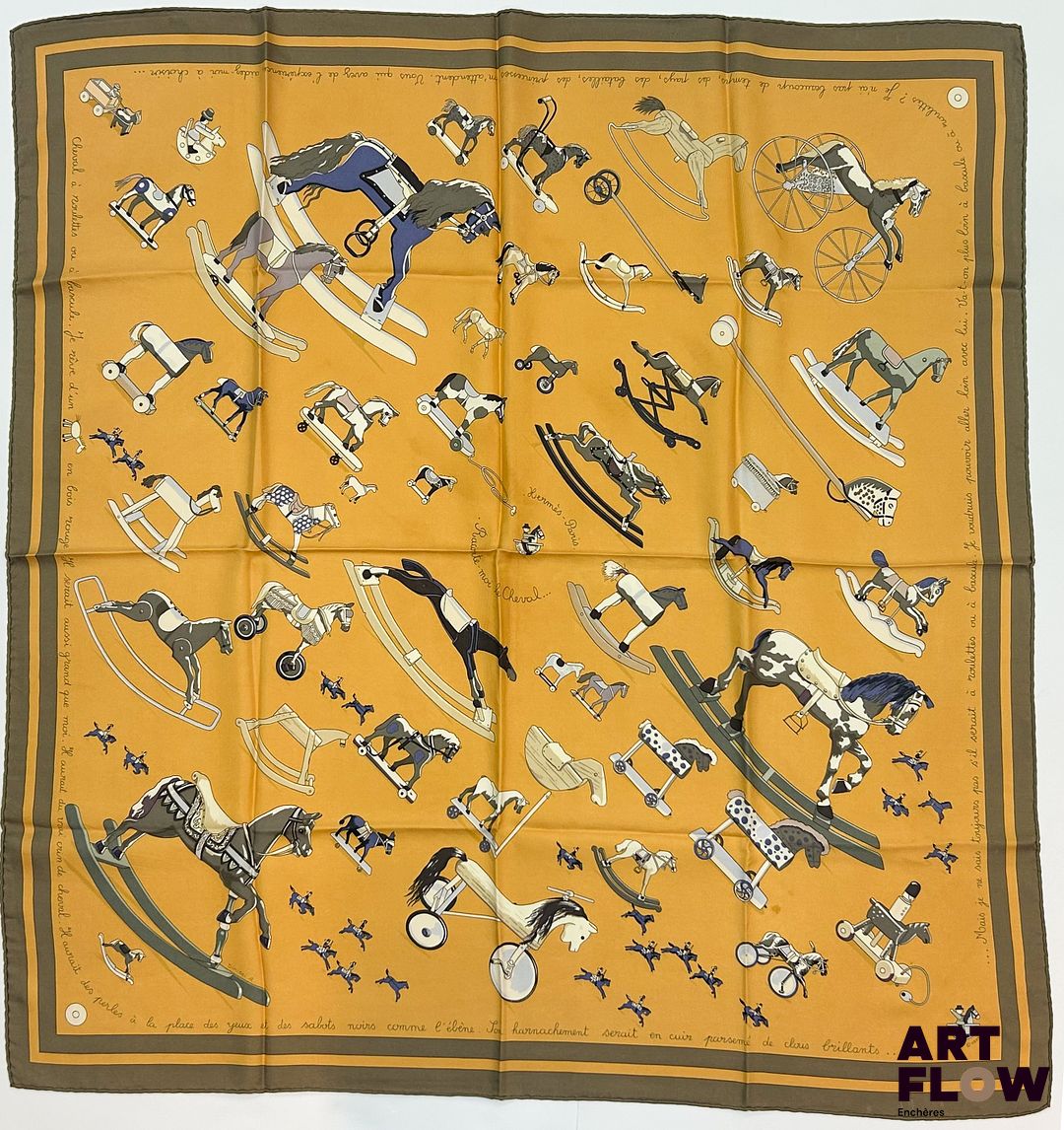 HERMÈS Modèle "Raconte-Moi le Cheval" Carré en twill de soie d'après Dimitri RYBALTCHENKO 90 x 90 cm Petite tache