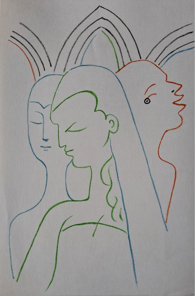 Jean Cocteau (1889-1963) Les soeurs Lithographie originale en couleur Non signé Imprimée par Mourlot Frères en 1957 Dimensions de la feuille : 23 x 15 cm environ Très bon état Expédition obligatoire, jusqu&rsquo;à 5 Lithographies dans votre colis pour 14,76€ TTC en France Métropolitaine, et 29,64€ TTC pour l&rsquo;Europe