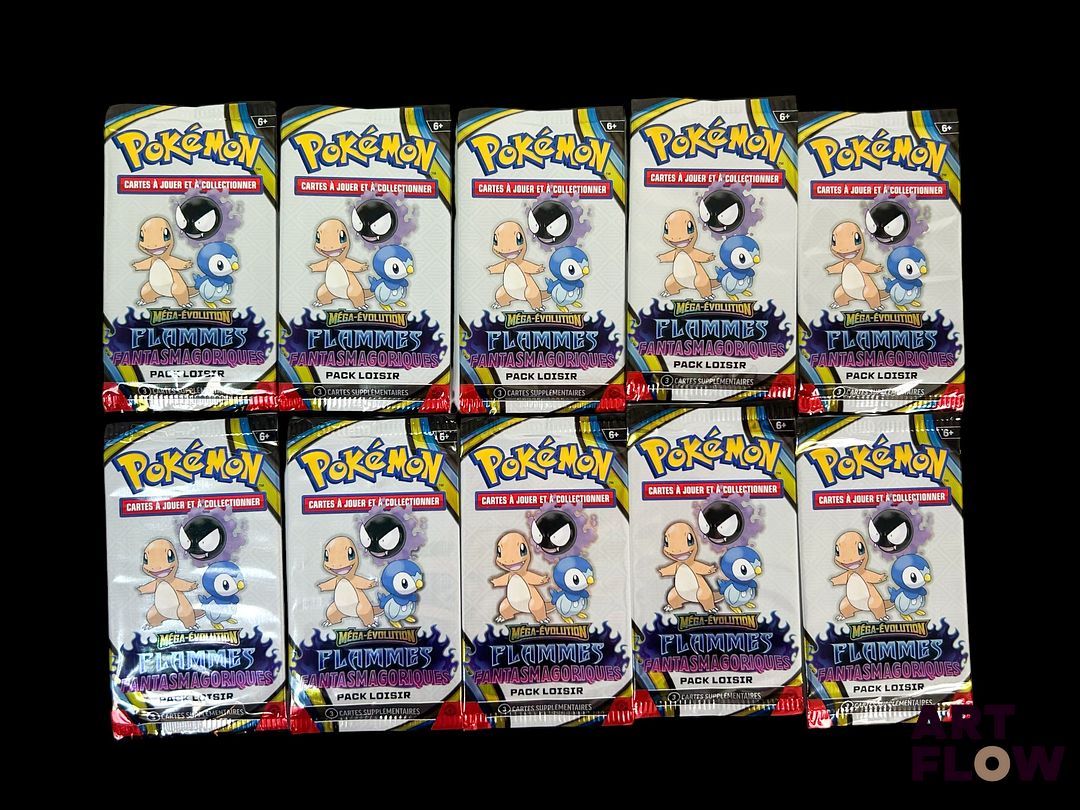 Ensemble de 10 boosters pack loisir Pokémon scellés. Série du bloc Méga-Évolution : Flammes fantasmagoriques (ME02) En Français