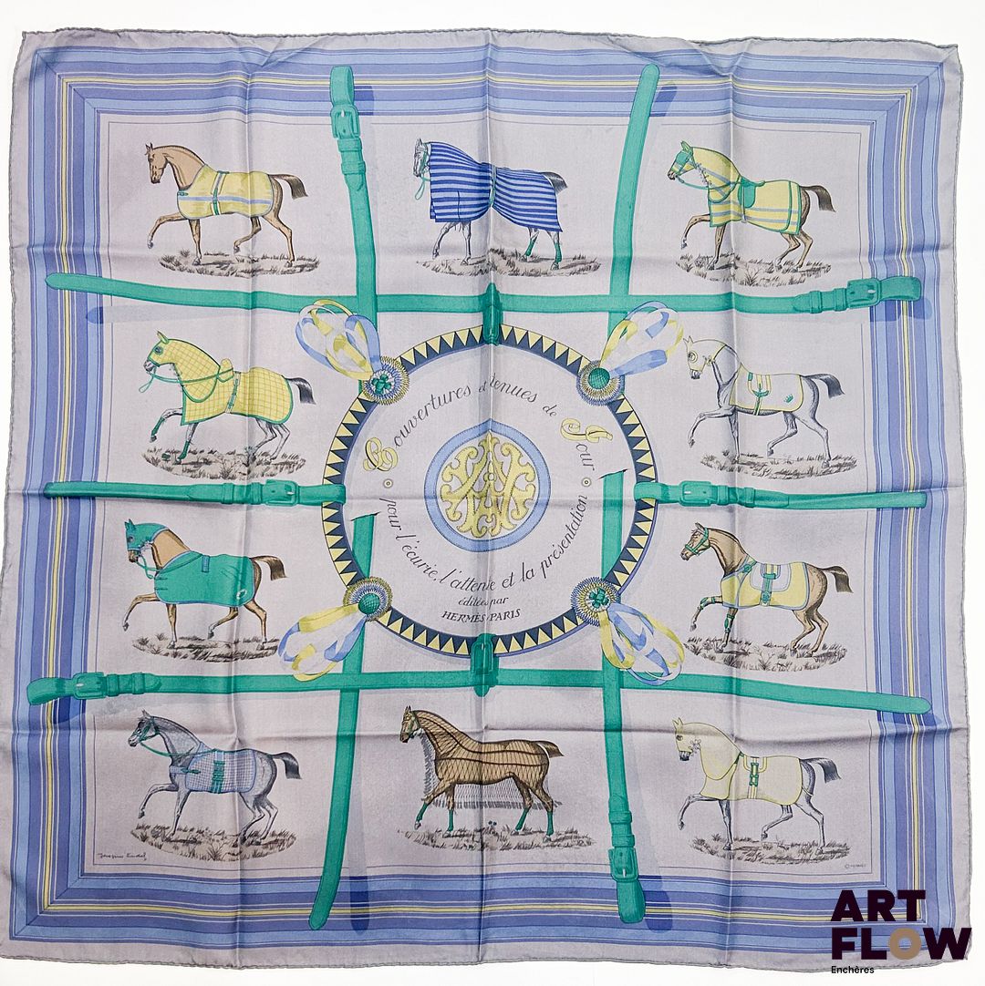 HERMÈS Modèle "Couvertures et Tenues de Jour (surteint)" Carré en twill de soie d'après Jacques EUDEL 90 x 90 cm Quelques fils tirés, petites taches et nettoyage à prévoir