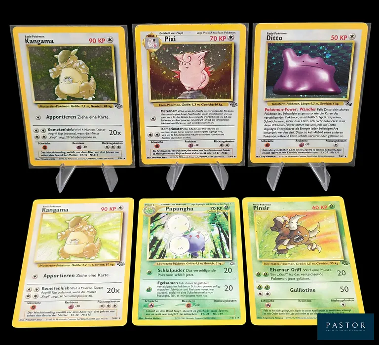 Ensemble de 6 cartes Pokémon - Holographiques. 
Séries diverses du bloc Wizards : Jungle, Fossille, et Néo Genesis. 
Cartes en état global Moyen, en allemand.
