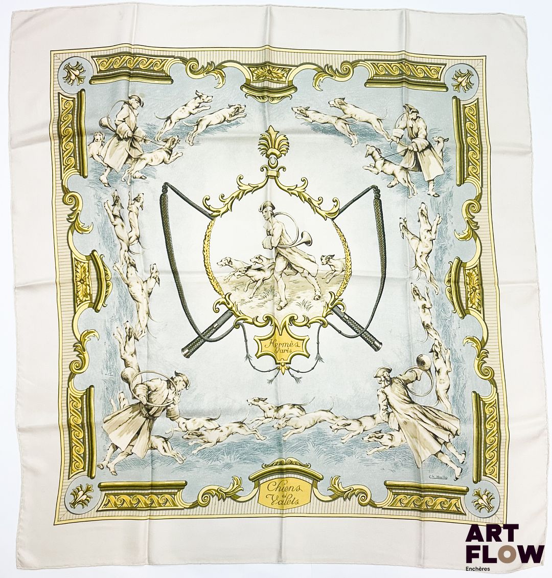 HERMÈS Modèle "Chiens et Valets" Carré en twill de soie d'après Charles-Jean HALLO 90 x 90 cm Quelques taches