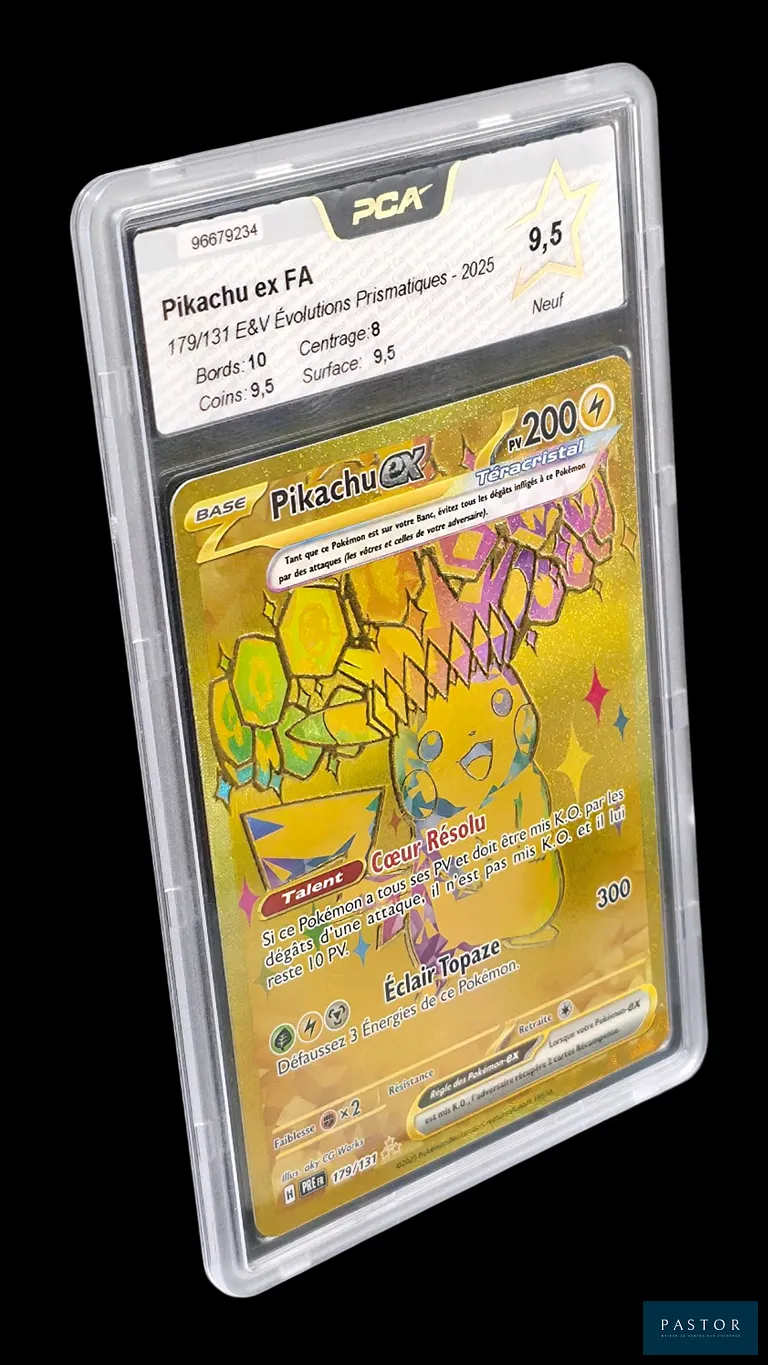 Carte Pokémon gradée Pikachu 179/131 – Secrète Gold – PCA 9,5.
Série du bloc Écarlate&Violet : Évolutions Prismatiques.
Carte en état Neuf (PCA 9,5), en français.
Illustrateur : aky CG Works.