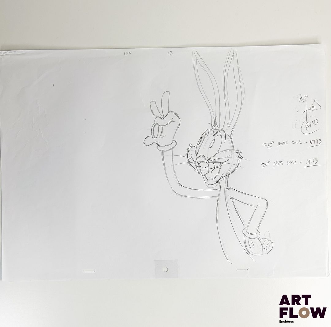 D'après Tex Avery Bugs Bunny Dessin original à la mine de plomb représentant Bugs Bunny regardant une bague Animé américain issu de l’univers Looney Tunes, créé par les studios Warner Bros. "Bugs Bunny est un lapin espiègle et intelligent qui, grâce à son humour et à son sang-froid, déjoue sans cesse les plans de ses adversaires dans des aventures devenues cultes de l’animation." Dimensions : 30,5 x 43 cm