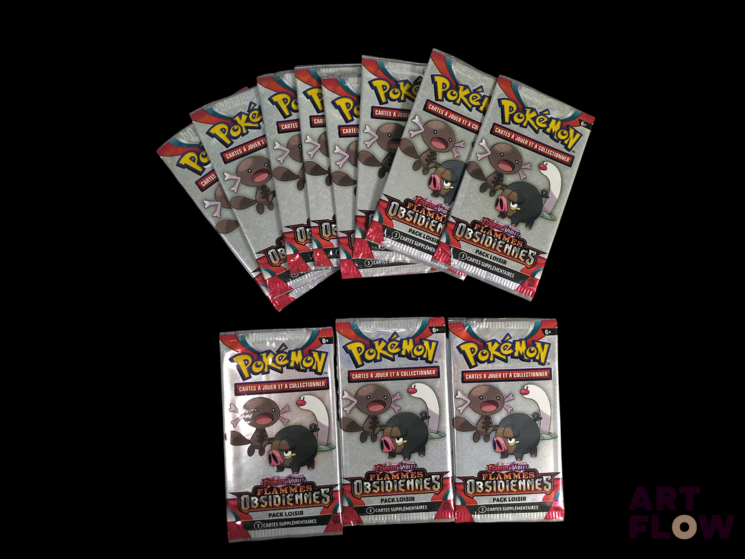 Ensemble de 11 boosters pack loisir Pokémon scellés. Série du bloc Ecarlate et violet : Flammes obsidiennes (EV03). En Français