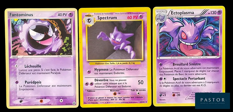 Réunion de 3 cartes Pokémon évolutives de la famille d'Ectoplasma :
- Fantominus - Ex créateurs de légendes 
- Spectrum - Set de Base
- Ectoplasma - Holographique - XY Générations.
Cartes en état global Moyen, en français.