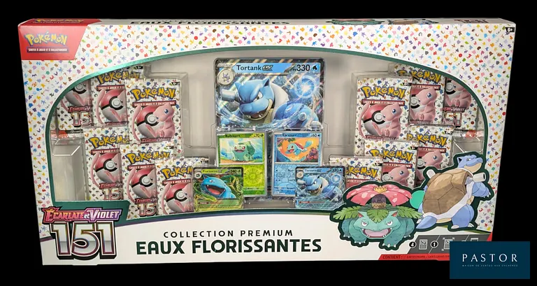 Coffret Pokémon scellé : Collection Premium "Eaux Florissantes".
Série du bloc Écarlate&Violet : 151 (EV03.5).
En français.