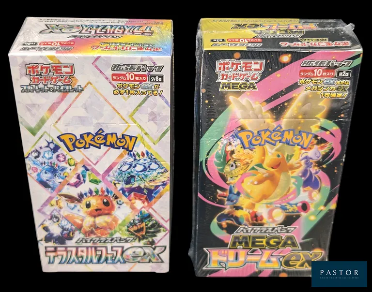 Réunion de 2 coffrets Pokémon scellés : Display (10 boosters).
- Display Mega Dream Ex (équivalent Héros Transcendants ME02.5)
- Display Terastal Festival Ex (équivalent Évolutions Prismatiques EV08.5).
En japonais.