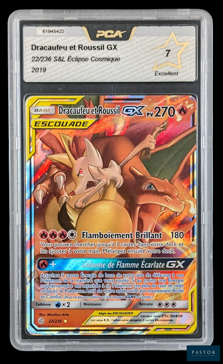 Carte Pokémon gradée Dracaufeu et Roussil GX 22/236 – Escouade Full Art – PCA 7.
Série du bloc Soleil&Lune : Éclipse Cosmique (SL12).
Carte en état Excellent (PCA 7), en français.