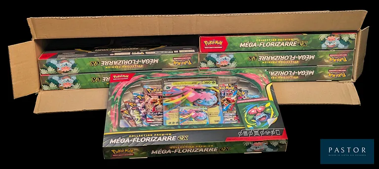 Case ouverte Pokémon de 6 coffrets : Collection Premium Florizarre ex.
Contient des boosters des blocs de séries Écarlate&Violet (EV) et Méga-Évolution (ME).
Case sortie d'usine ouverte mais complète avec coffrets scellés, en français. - TVA Récupérable