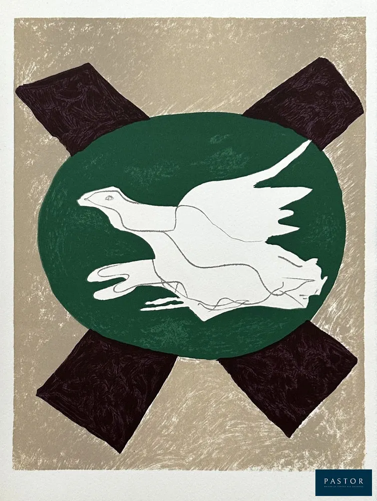 Georges Braque (d'après)
Oiseau sur fond de X

Lithographie en couleurs, 1975
Non signée (comme toujours)
Tirage à 575 exemplaires non numérotés
Sur vélin Arches format 35 x 27 cm
Très bon état

REFERENCES : Catalogue raisonné Vallier 122


Expédition obligatoire, jusqu'à 5 Lithographies dans votre colis pour 14,76€ TTC en France Métropolitaine, et 29,64€ TTC pour l'Europe