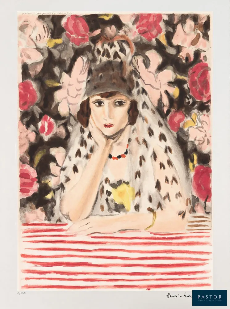Henri Matisse (d'après),
L'Espagnole à la Mantille

Sérigraphie sur papier Arches
Numérotée 1/50
Série limitée (50 exemplaires)
Signée dans la planche
Collection de luxe, Edition Monocle Paris, 2026

  d'après L'espagnol à la mantille gravé en 1925 par Jacques Villon sous la supervision de Matisse
  Filigrane Arches France
  Bon état
  
  76 X 56 cm


Expédition obligatoire, jusqu'à 5 Lithographies dans votre colis pour 14,76€ TTC en France Métropolitaine, et 29,64€ TTC pour l'Europe