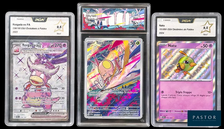 Réunion de 3 cartes Pokémon gradées du bloc Écarlate&Violet : 
- Roigada Ex 238/193 - Full Art - PCA 9.5
- Natu 151/091 - Shiny - PCA 9.5
- Terracool 201/198 - AR - Collect Aura 9.5.
En français.