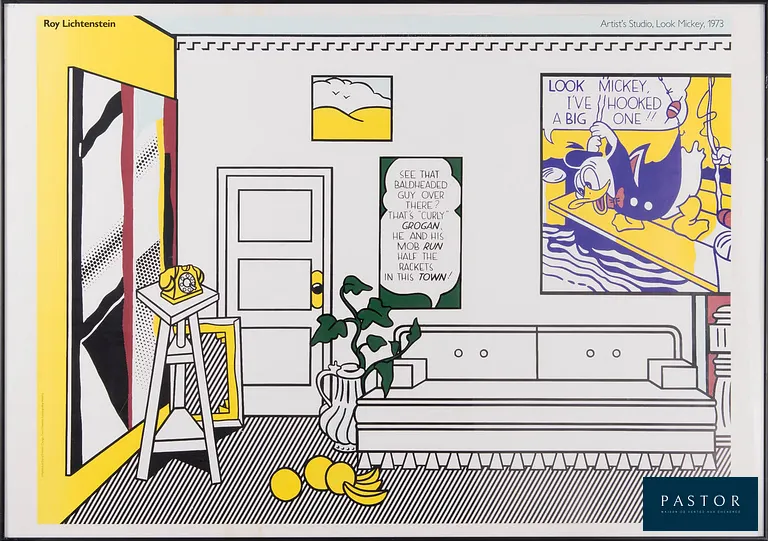 Roy Lichtenstein (d'après)
  Atelier d'artiste, Look Mickey, 1988
  
  Lithographie offset sur papier vergé
 porte l'inscription :
 I Manifesti di Electa Firenze / Conception : Cerri / Impression : Fartongrafica-Venezia
  67 x 92 cm / 26,3 x 36,2 pouces
  
  L'œuvre « Studio d'artiste de Roy Lichtenstein, Look Mickey (1973) » rend hommage à Henri Matisse, s'inspirant de son tableau « L'Atelier rouge » de 1911.
 Lichtenstein recrée l'atelier de l'artiste avec des motifs emblématiques : une plante verte, des fruits, une carafe et ses propres œuvres, dont Look Mickey.


Expédition obligatoire, jusqu'à 5 Lithographies dans votre colis pour 14,76€ TTC en France Métropolitaine, et 29,64€ TTC pour l'Europe