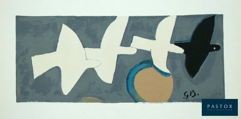 Georges Braque ( 1882 - 1963 ) 
Quatre oiseaux, 1959

 Lithographie originale en couleurs sur papier vergé. Monogrammé dans la plaque d'impression en bas à droite. Publié en 1959 par l'édition Galerie Maeght, éditeur Aimé Maeght, à Paris, France. Imprimé par l'Atelier Mourlot à Paris, France. Avec du texte en français au verso. Catalogue raisonné : Maeght n°1030 + Dora Vallier page 294 Tirage limité à 2000 exemplaires. Format du papier : 38,0 x 28,0 cm Dimensions de l'image : 9,5 x 22,5 cm L'article est en très bon état.


Expédition obligatoire, jusqu'à 5 Lithographies dans votre colis pour 14,76€ TTC en France Métropolitaine, et 29,64€ TTC pour l'Europe