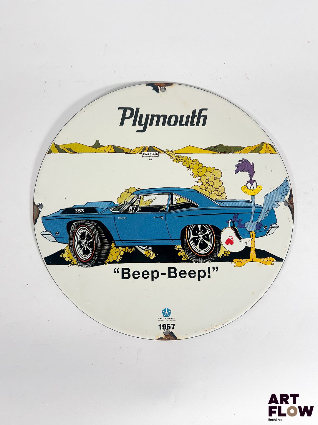 Plaque émaillée ronde Plymouth Diamètre : 30 cm Petits éclats et traces de rouille Reproduction moderne
