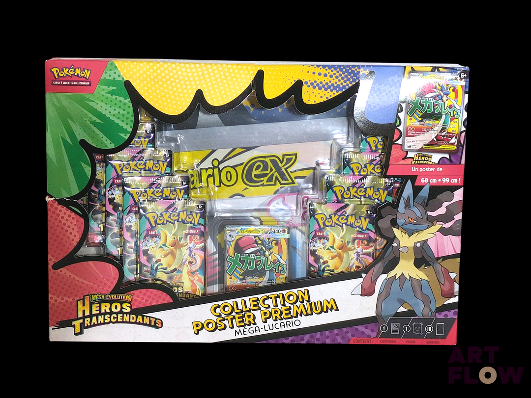 Coffret Pokemon scellé Collection poster premium Mega Lucario Série du bloc Méga-Evolution : Héros transcendants (ME2.5) En français. Quelques déchirures sur le coffret (voir photos)