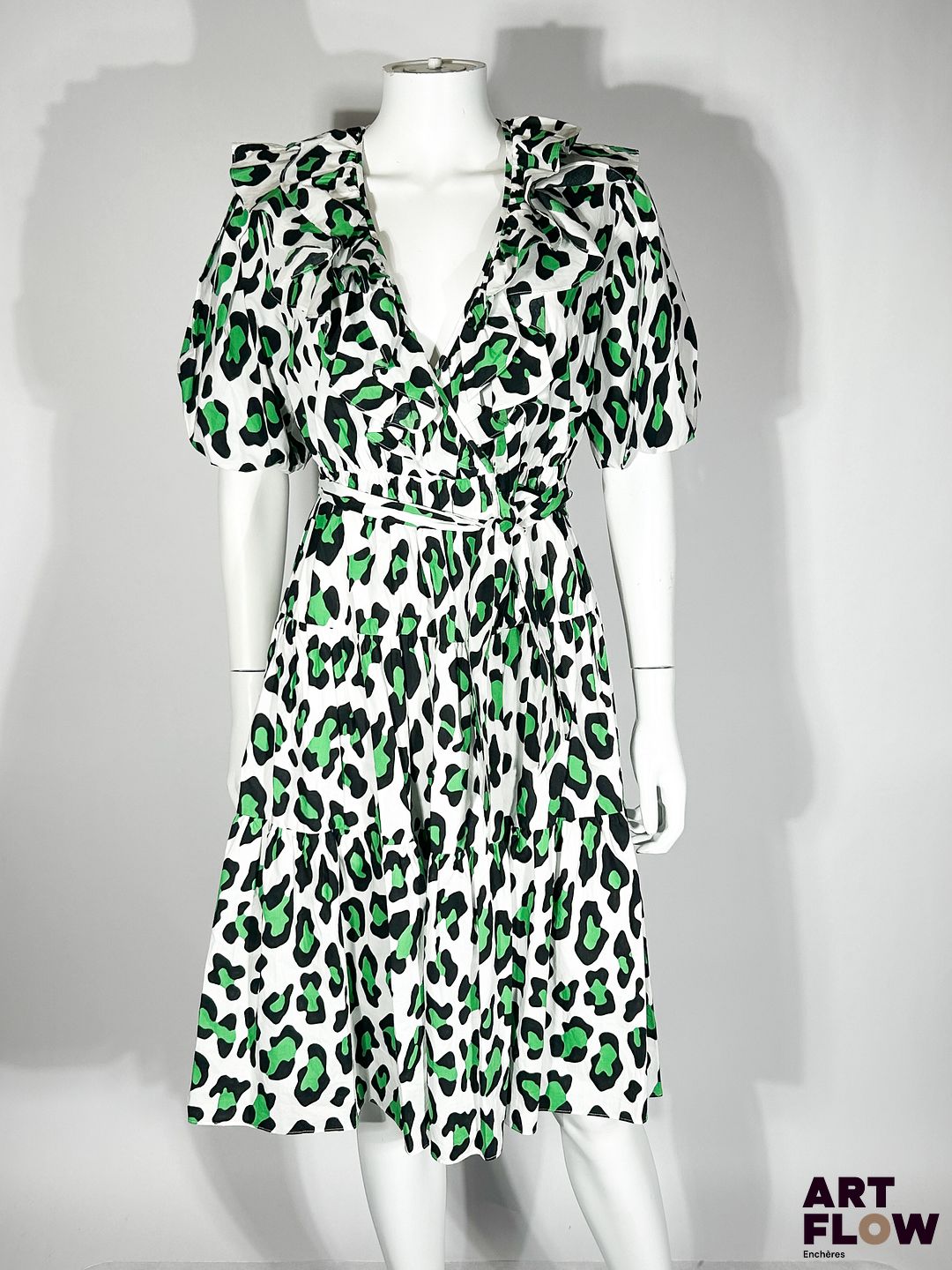 DIANE VON FURSTENBERG Robe en coton blanc et imprimé léopard dans les tons verts Taille XS Neuve avec étiquettes