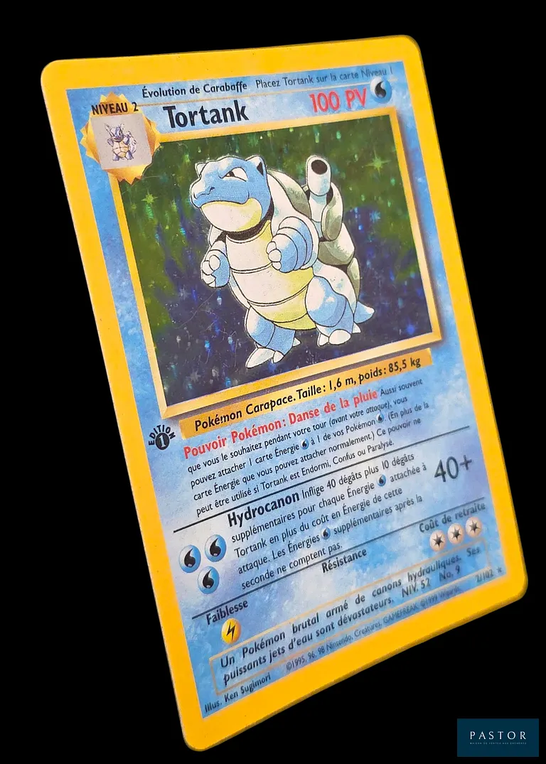Carte Pokémon Tortank 2/102 - Holographique. 
Série du bloc Wizards : Set de Base édition 1.
Carte en état Très bon, en français.
Livrée sous bulles et toploader.