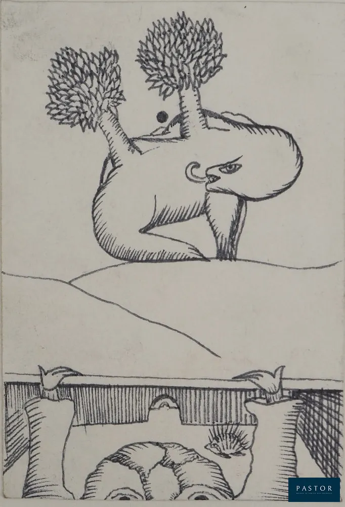 Jean-Claude SILBERMANN (1935)
Paysage surréaliste au hérisson, 1964

  Dessin original à l'encre
  Signé au crayon en bas 
  Sur papier épais 12 x 8.5 cm
  REFERENCE : Catalogue d'exposition "Enseignes Sournoises" (Galerie Mona Lisa, 1964) #2
  INFORMATION : Dessin pour illustrer le texte de José Pierre "Quand j'étais pomme de terre" publié dans le catalogue de l'exposition "Enseignes Sournoises" en 1964. Silbermann est un artiste du mouvement surréaliste tardif, proche d'André Breton. 
  PROVENANCE : Bibliothèque "Paul Destribats bibliothèque des Avant-Garde, vente Christie's novembre 2022
  Très bon état


Expédition obligatoire, jusqu'à 5 Lithographies dans votre colis pour 14,76€ TTC en France Métropolitaine, et 29,64€ TTC pour l'Europe