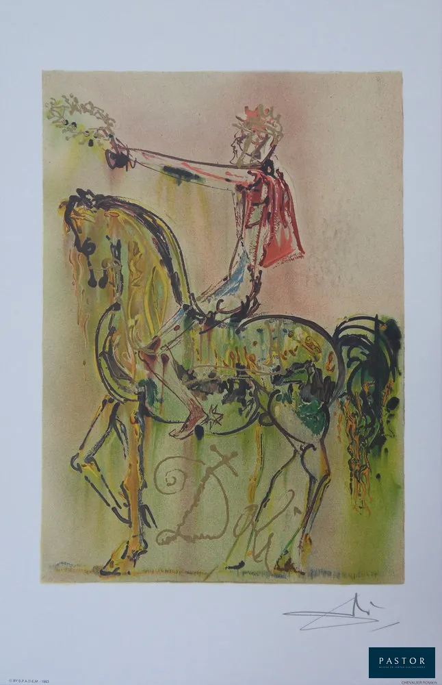Salvador DALI (1904-1989)
Le Chevalier Romain

Lithographie en couleurs
Signée dans la planche
Sur Vélin d'Arches 36 x 56 cm
Authentifiée par le cachet sec de l'éditeur

Excellent état

INFORMATION : Fait partie de la série Les Chevaux Daliniens éditée par Armand et Georges Israël, réalisée du vivant de Dali avec son autorisation en 1983


Expédition obligatoire, jusqu'à 5 Lithographies dans votre colis pour 14,76€ TTC en France Métropolitaine, et 29,64€ TTC pour l'Europe