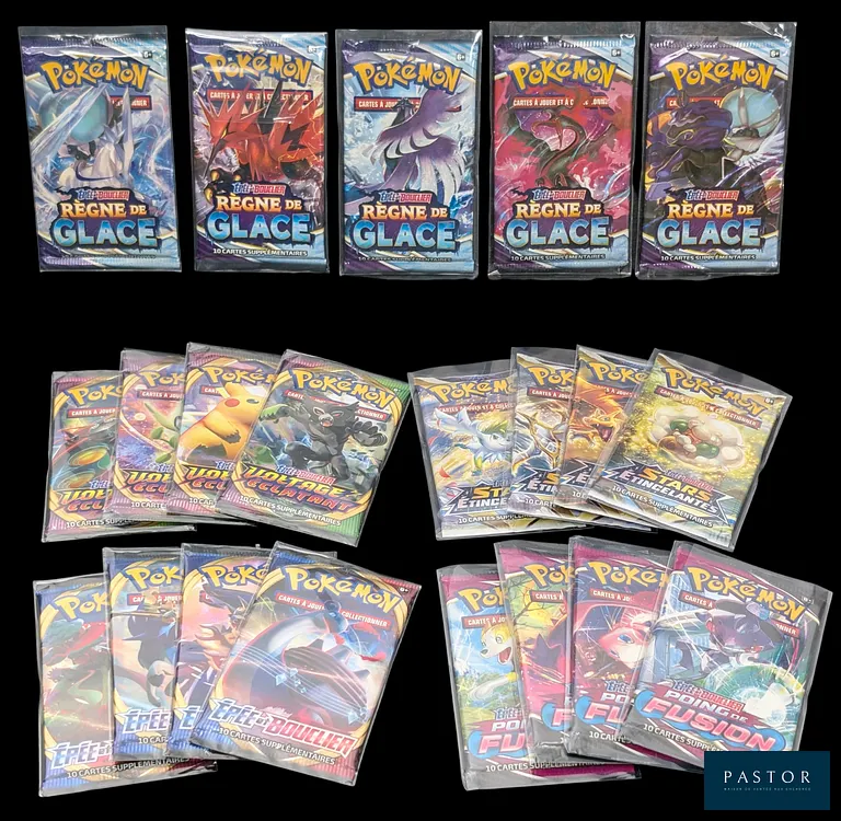 Collection Pokémon de 5 Artsets de boosters scellés.
Diverses séries du bloc Épée&Bouclier (EB).
En français.