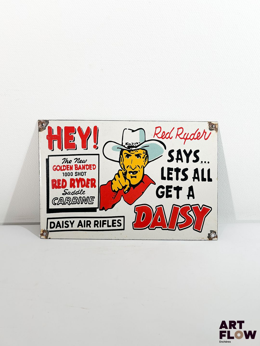 Plaque émaillée rectangulaire d'après Red Ryder Dimensions : 20 x 30 cm Petits éclats et traces de rouille - Moderne