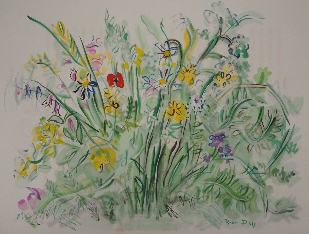 Raoul DUFY Fleurs printanières, 1953 Lithographie originale, rehaussée à l&rsquo;aquarelle au pochoir Signée dans la planche Sur vélin d&rsquo;Arches 28 x 38 cm Excellent état Expédition obligatoire, jusqu&rsquo;à 5 Lithographies dans votre colis pour 14,76€ TTC en France Métropolitaine, et 29,64€ TTC pour l&rsquo;Europe