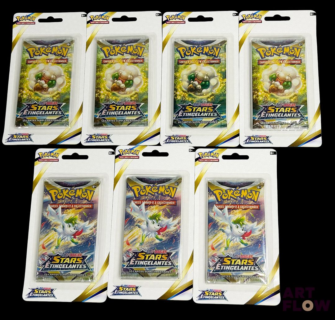 Ensemble de 7 boosters Pokémon sous blisters scellés. Série Épée&Bouclier : Stars étincelantes (EB09). En français.