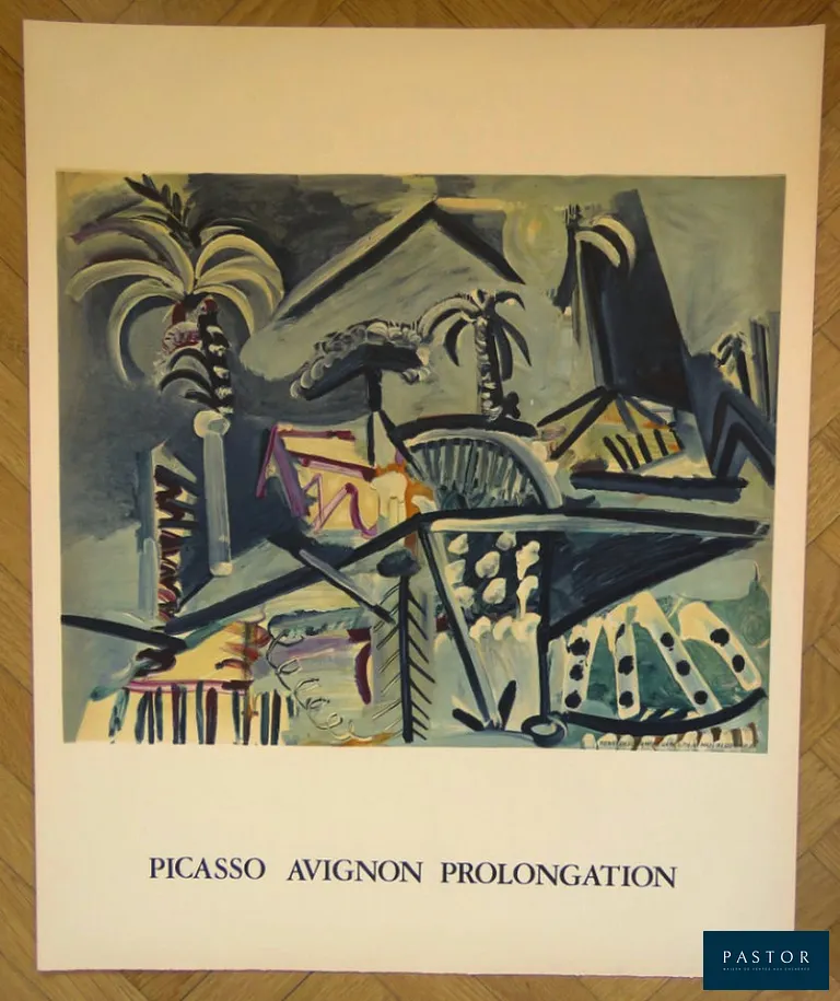 Pablo Picasso (1881-1973)
Exposition 1973 - Picasso Avignon prolongation

affiche sur papier Arches filigrané
imprimé(e) par Mourlot

Dimension : 70 x 57 cm
Condition : très bon état

Affiche originale en lithographie de Picasso, imprimée par Mourlot à Paris pour l'exposition de 1973 au Palais des Papes d'Avignon. Le sujet de la lithographie le village de Mougins peint à l'huile en 1972. Cette affiche a été conçue par le graveur Henri Deschamp en 1973 pour l'exposition qui a immédiatement suivi la mort de Picasso. Picasso Avignon Prolongation a été initialement peint en mars 1972.


Expédition obligatoire, jusqu'à 5 Lithographies dans votre colis pour 14,76€ TTC en France Métropolitaine, et 29,64€ TTC pour l'Europe